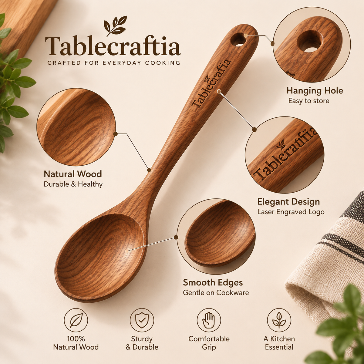 tablecraftia® Natural Wood Cooking Spoon