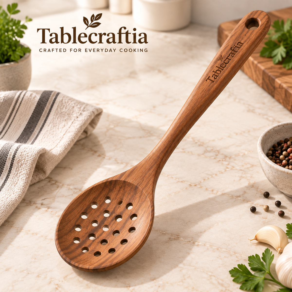 tablecraftia® Natural Wood Slotted Spoon