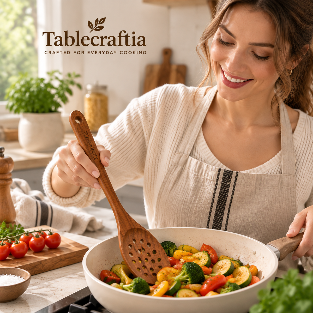 tablecraftia® Natural Wood Slotted Spoon