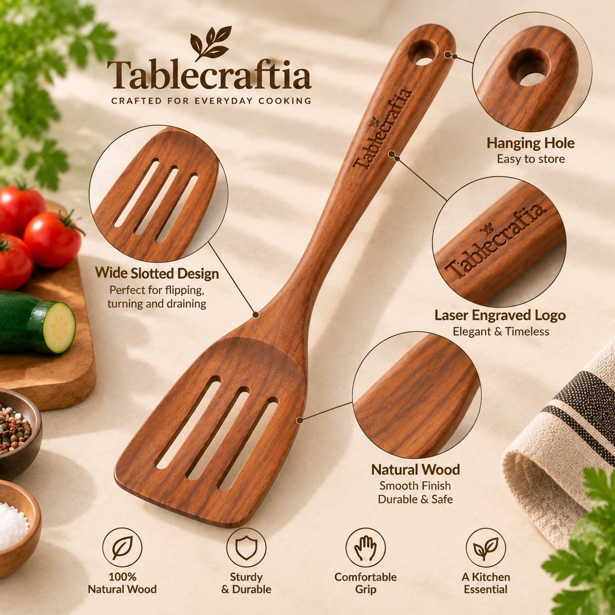 tablecraftia® Natural Wood Slotted Spatula