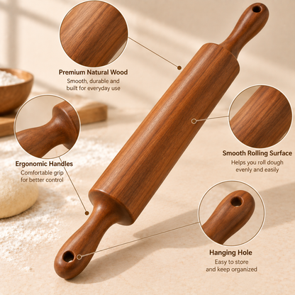 tablecraftia® Natural Wood Rolling Pin