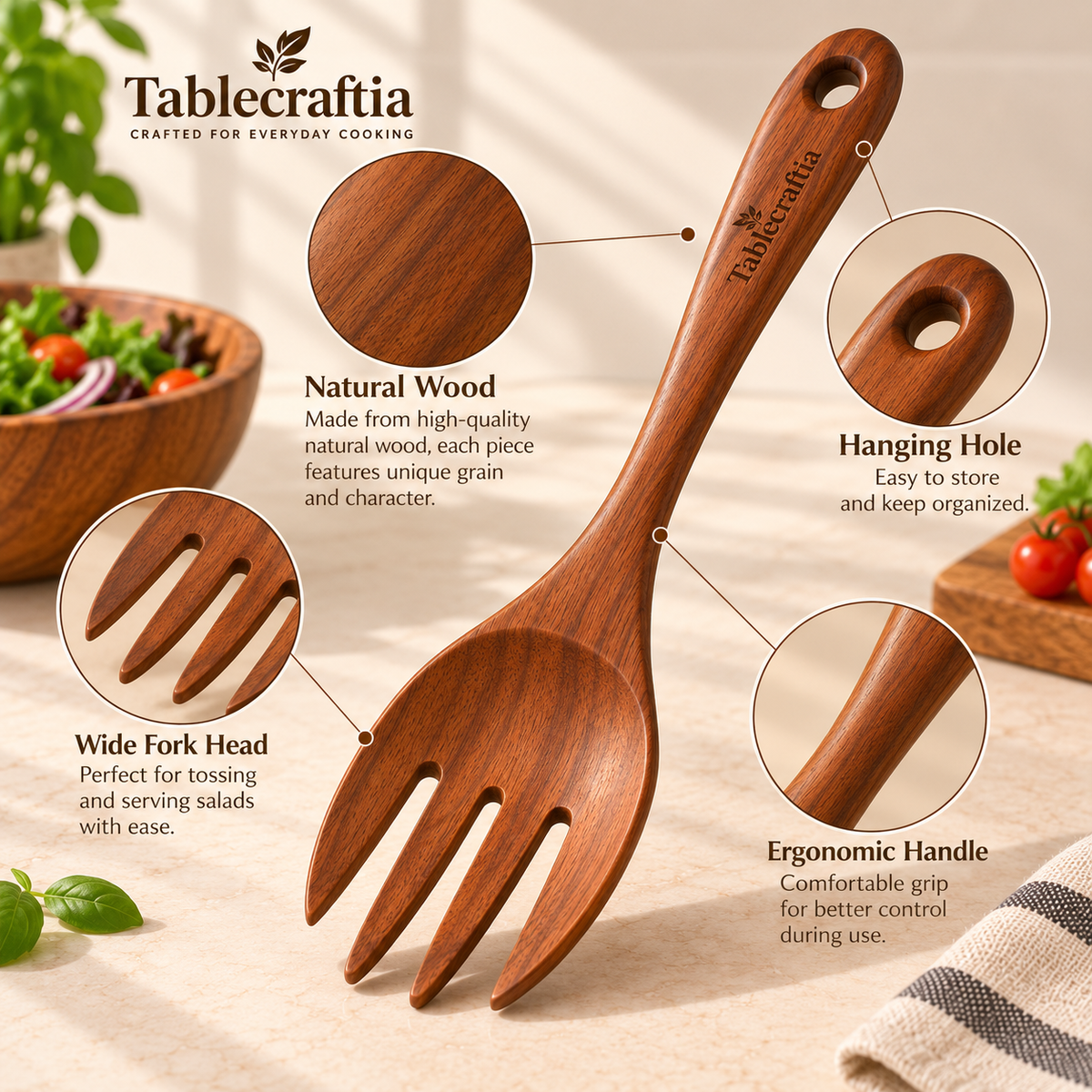 tablecraftia® Natural Wood Salad Serving Fork